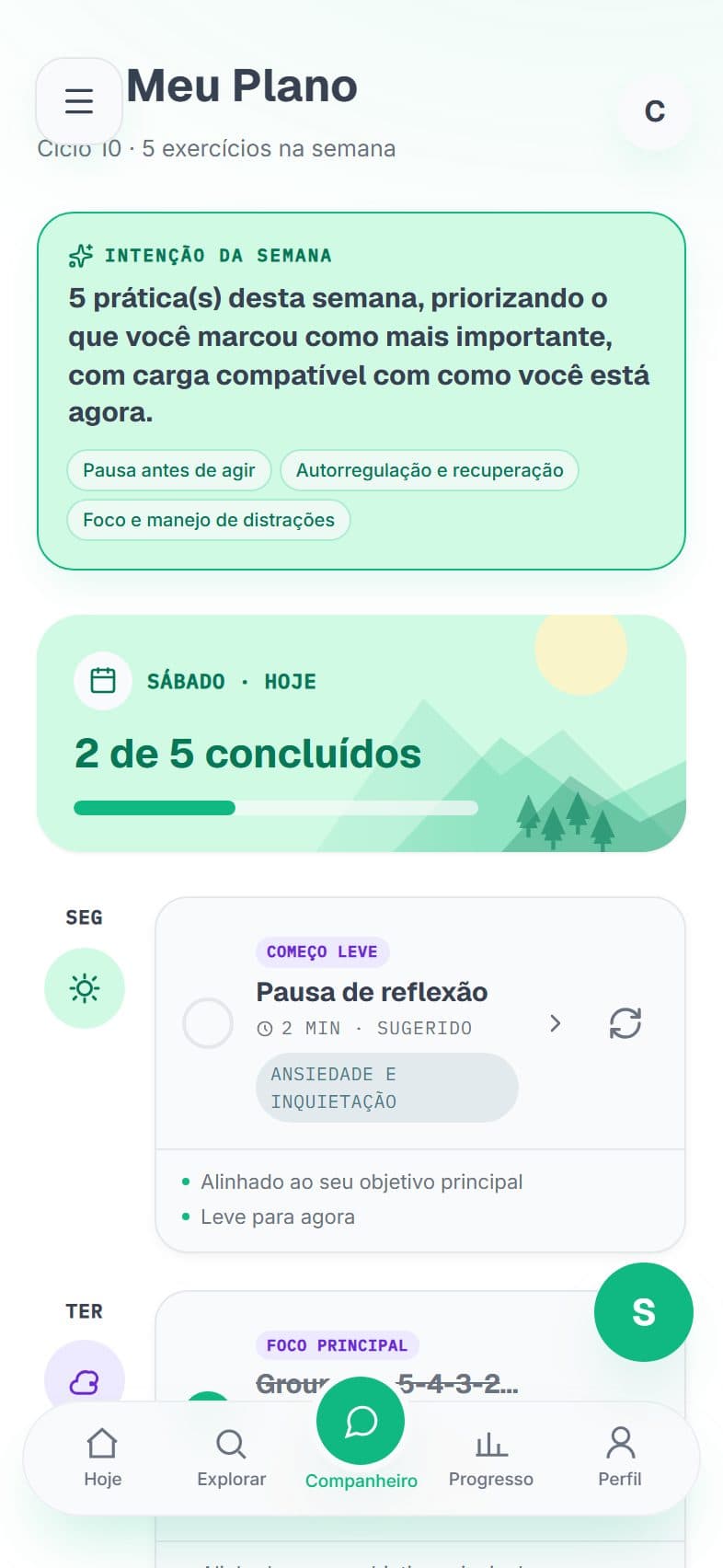 Tela real do Meu Plano no aplicativo MindTask.