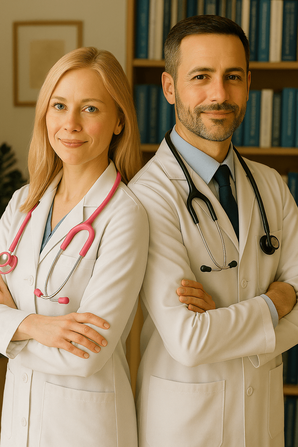 Casal de médicos experientes, postura confiante, reforçando a importância de consultar um especialista